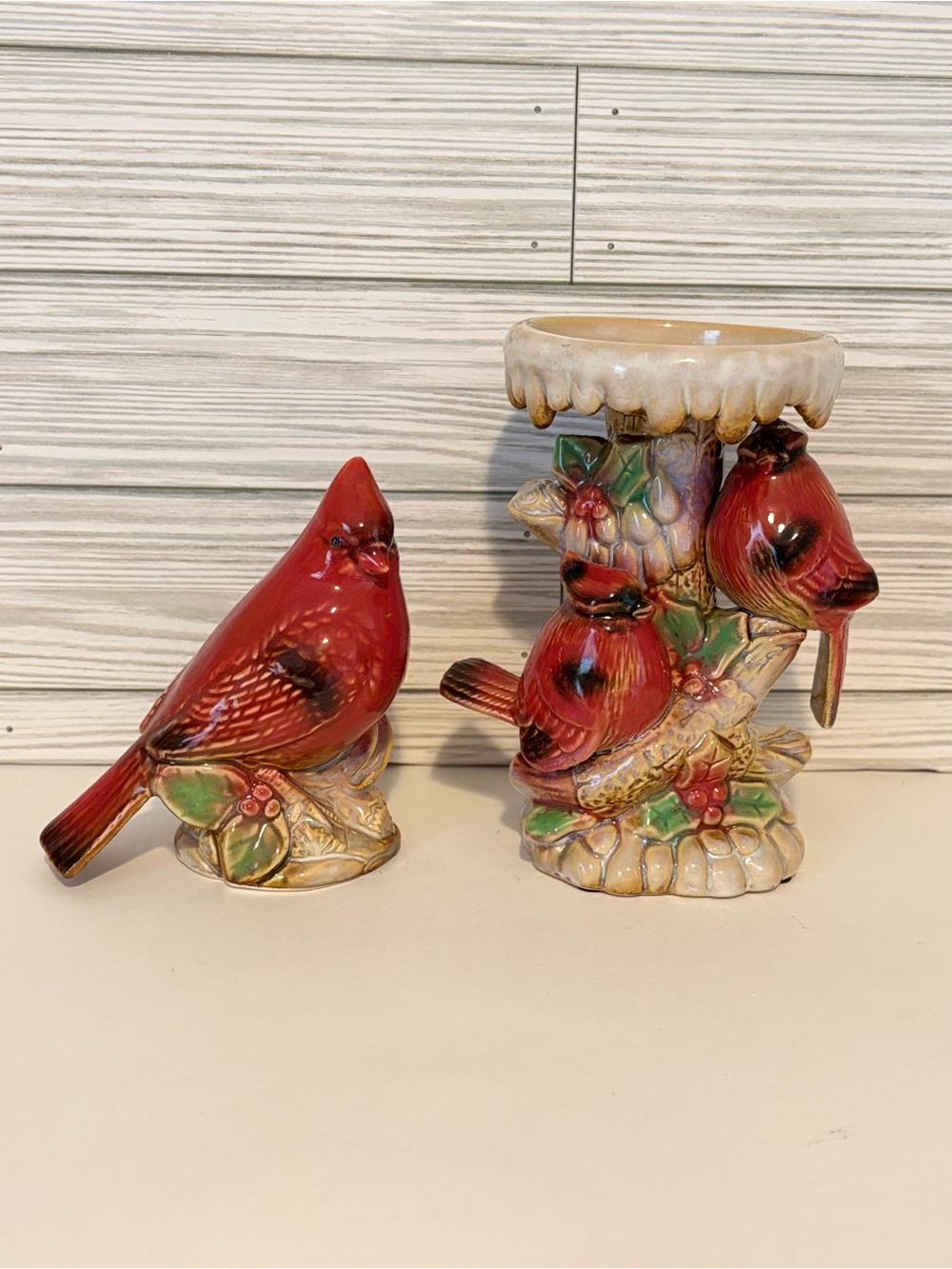 Tii Collections Red Cardinal Candle Holder Set Vtg Christmas Holly Berry Decor